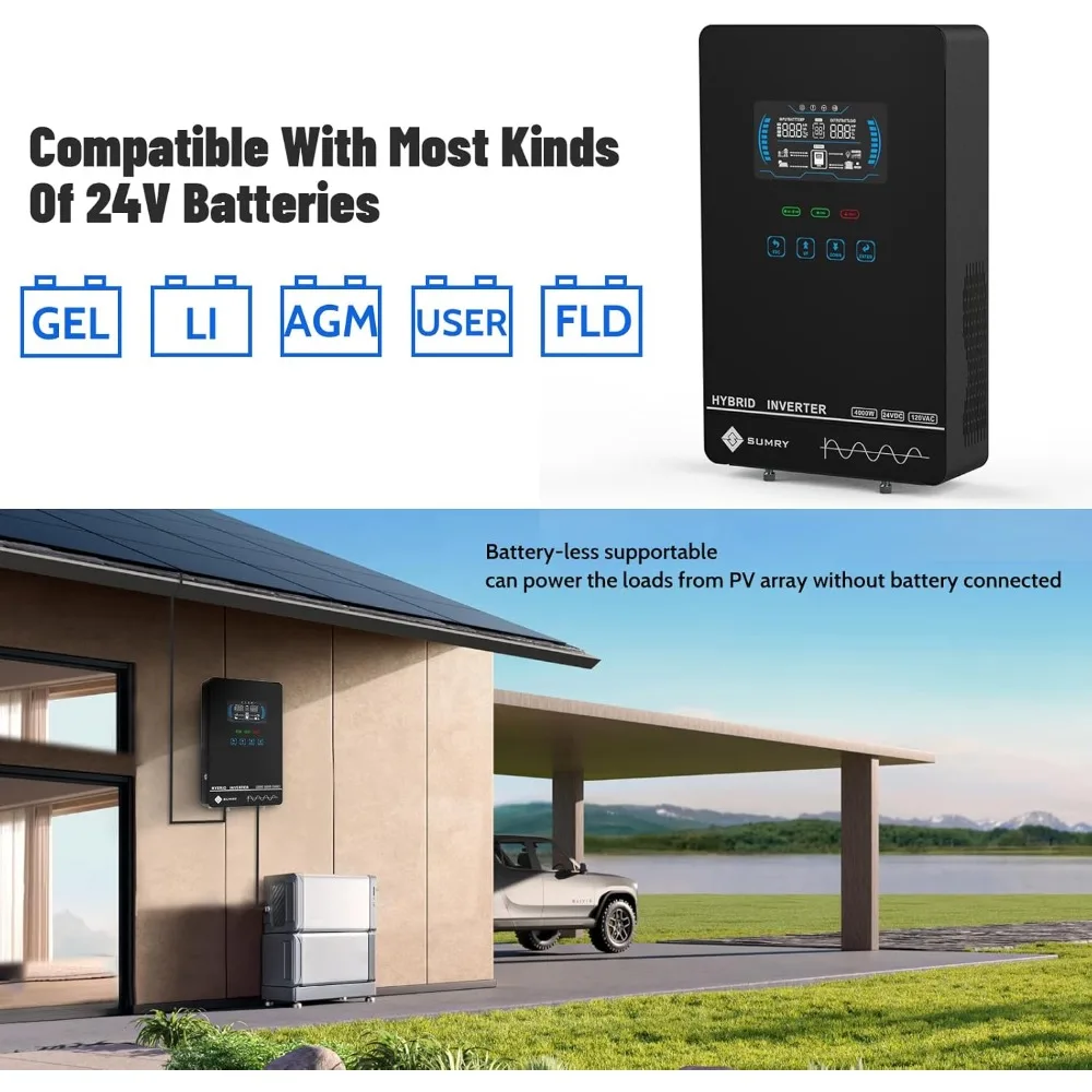 US Shipping Hybrid Solar Inverter 4000W 24V DC to 120V AC Pure Sine Wave with LCD Display 140A MPPT Charge Controller for