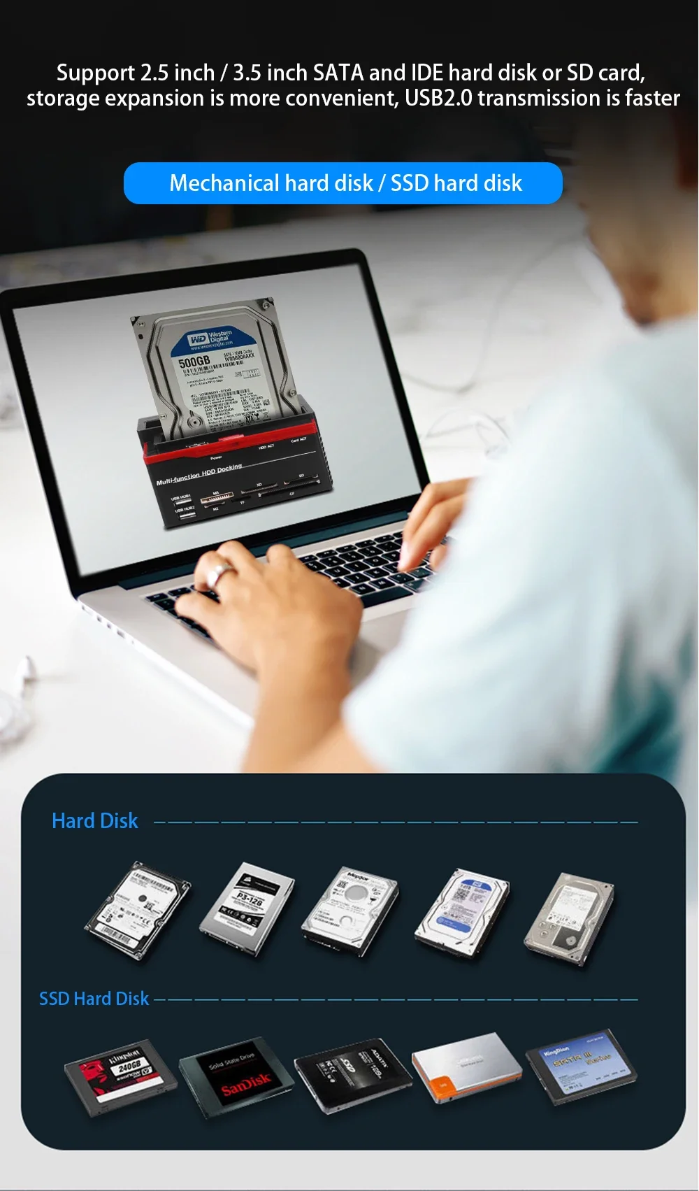 Hard Drive Docking Station for 2.5 3.5 Inch SATA IDE HDD SSD Reader Dual Slots External Disk Box Enclosure Sata To Usb Adapter