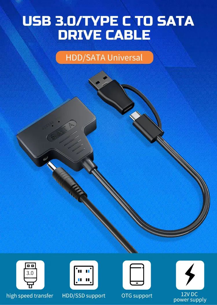USB 3.0 to SATA/Type-C Adapter Sata Cable 2.5/3.5 Inch SSD HDD SATA III Hard Drive Disk with 12V/2A Power Adapter