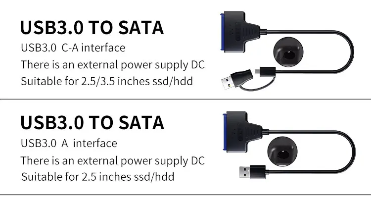 USB 3.0 to SATA/Type-C Adapter Sata Cable 2.5/3.5 Inch SSD HDD SATA III Hard Drive Disk with 12V/2A Power Adapter