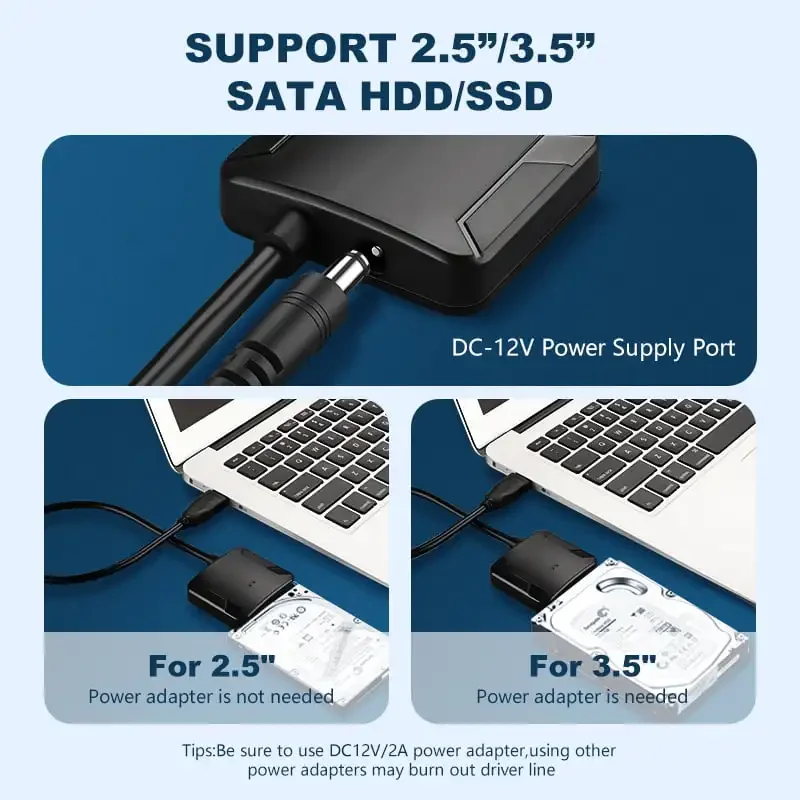 SATA To USB 3.0 Adapter Cable for 2.5/3.5 Inch SSD HDD SATA III Hard Drive Disk Converter Support UASP with 12V Power Adapter
