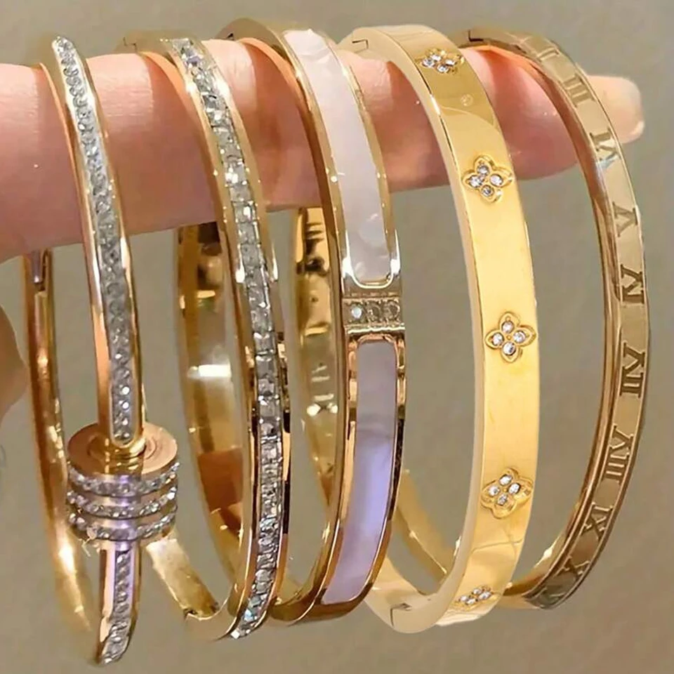 ZAKOL 5/1pcs Sparkling Zirconia Inlaid Stainless Steel Bracelet Set for Women Stackable Bangles Fashion Non Fading Jewelry Gift