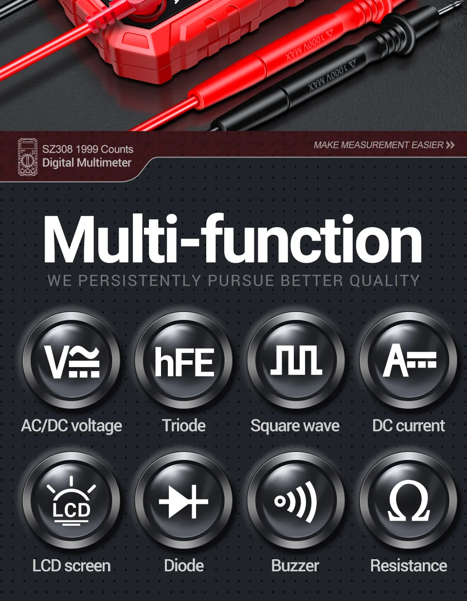 ANENG SZ308 Digital Multimeter   AC/DC Current Meter Voltage Resistance Meter Electrician LCD Screen Ohm Square Wave Test