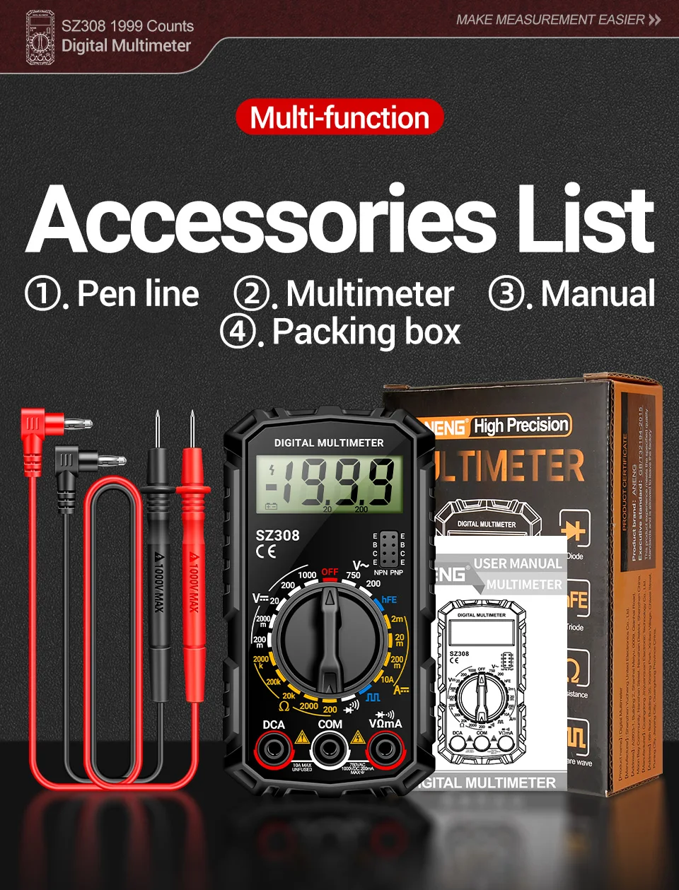 ANENG SZ308 Digital Multimeter   AC/DC Current Meter Voltage Resistance Meter Electrician LCD Screen Ohm Square Wave Test