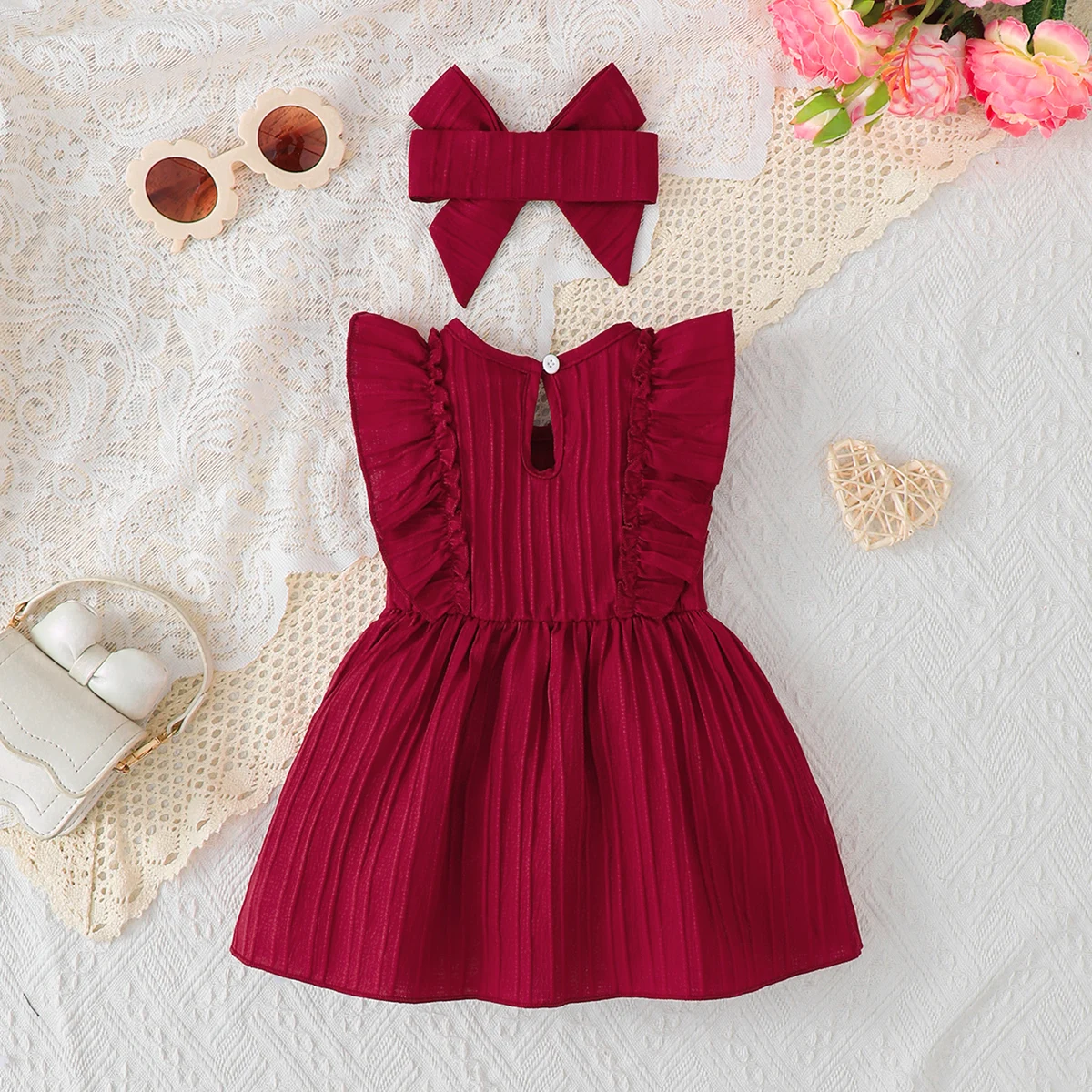 Baby girl's Sleeveless Dress Solid color Ruffled edges Fashion Summer Dress+Headband, 0-24 Months old Baby girl's New Year Dress Baby girl's Sleeveless Dress Solid color Ruffled edges Fashion Summer Dress+Headband, 0-24 Months old Baby girl's New Year Dress