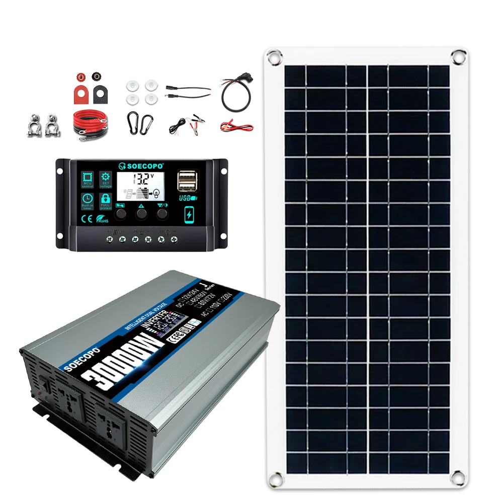 SOECOPO 30000W Solar System Kit  200W Panel Inverter (2 sockets) Dual voltage input 12V/24V To 110V/220V 100A Controller Camping