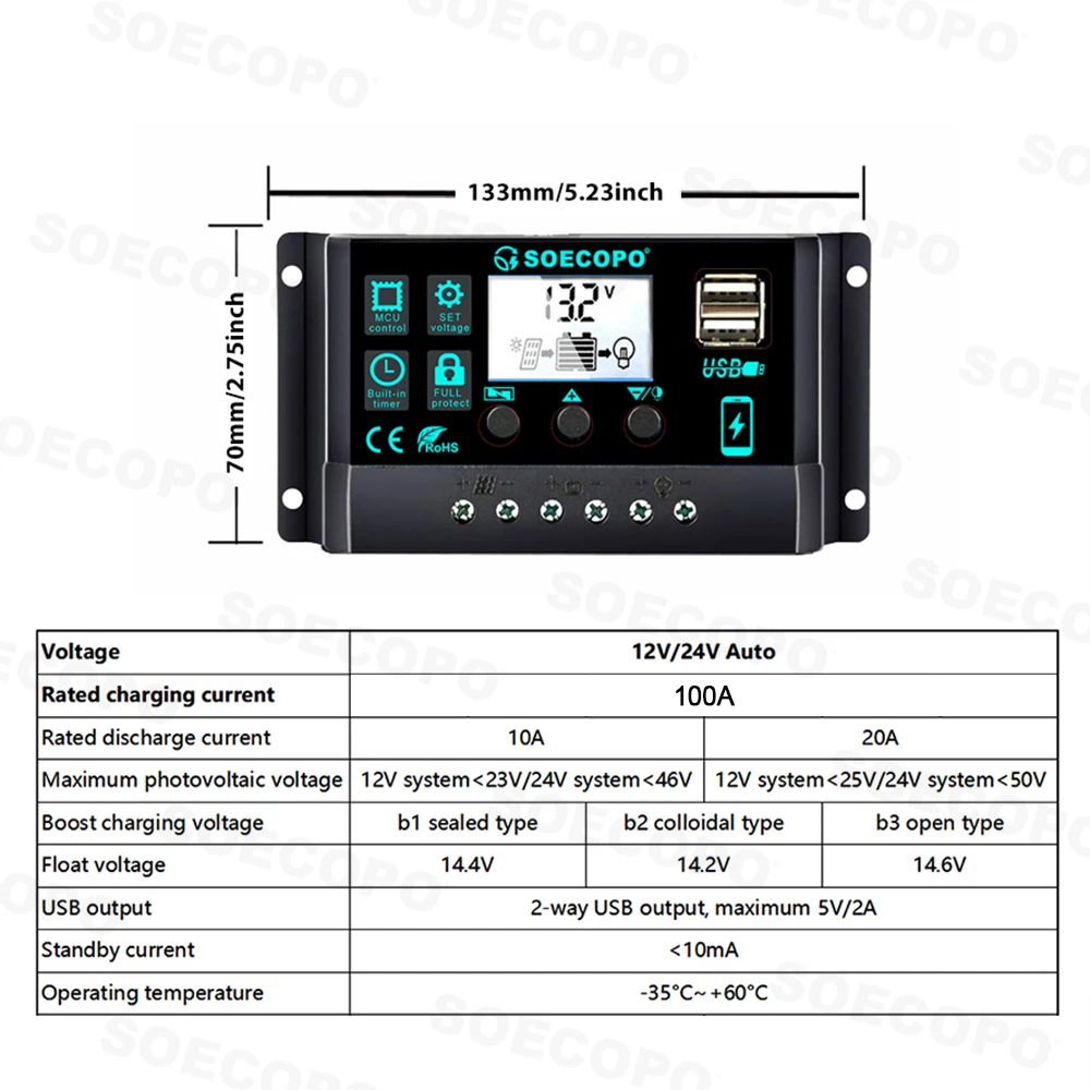 SOECOPO 30000W Solar System Kit  200W Panel Inverter (2 sockets) Dual voltage input 12V/24V To 110V/220V 100A Controller Camping