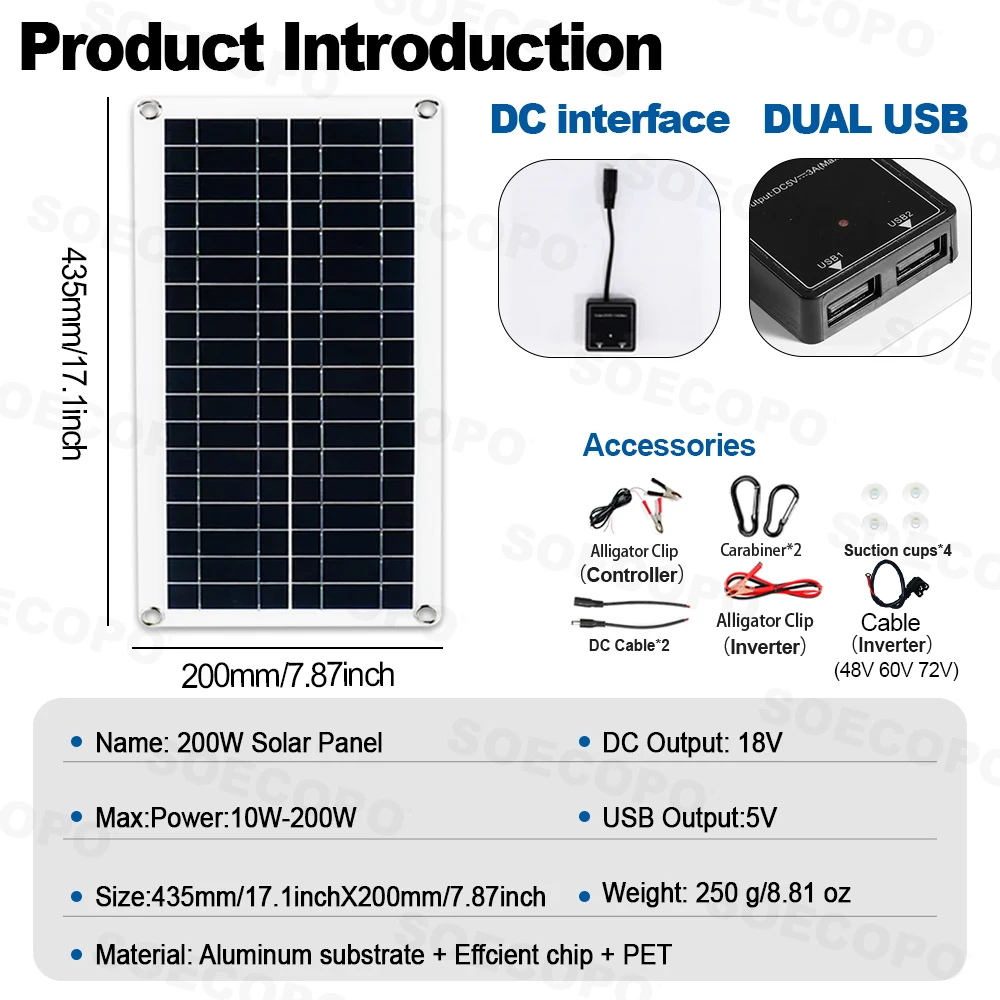 SOECOPO 30000W Solar System Kit  200W Panel Inverter (2 sockets) Dual voltage input 12V/24V To 110V/220V 100A Controller Camping