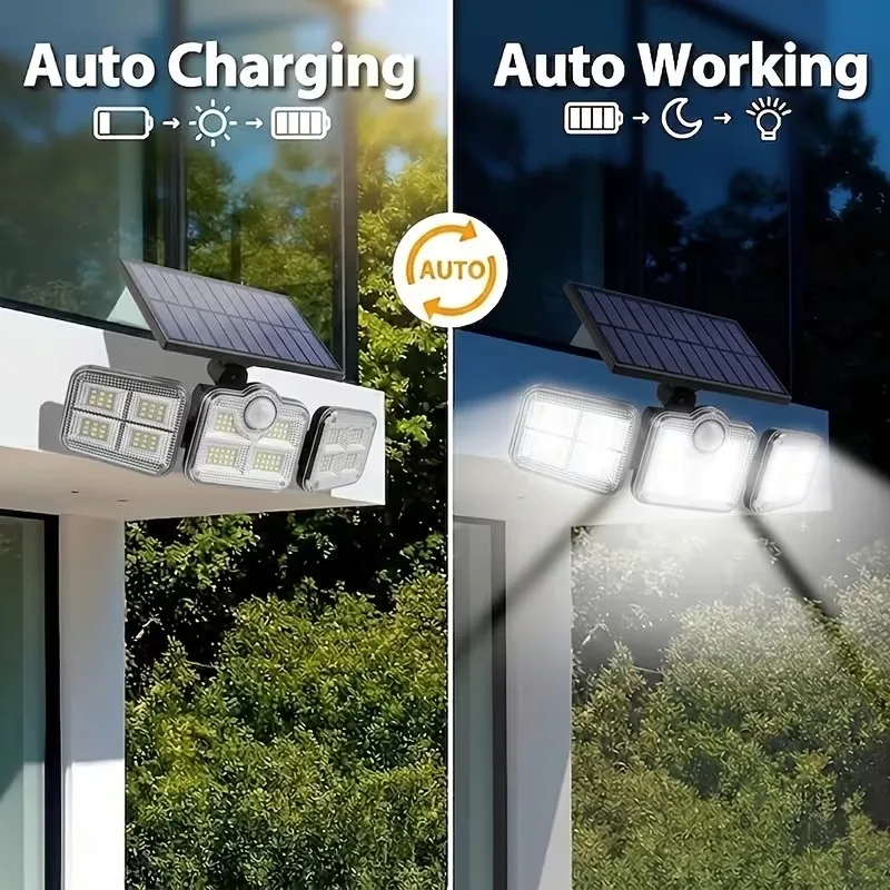 1 PACK Outdoor Motion Sensor Lamp, 4-Head Solar Power Light, 122 LED Solar Light, Flood Lights ,3000 Lumens,270&deg; Lighting  Range