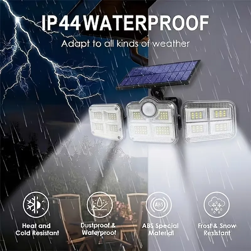 1 PACK Outdoor Motion Sensor Lamp, 4-Head Solar Power Light, 122 LED Solar Light, Flood Lights ,3000 Lumens,270&deg; Lighting  Range