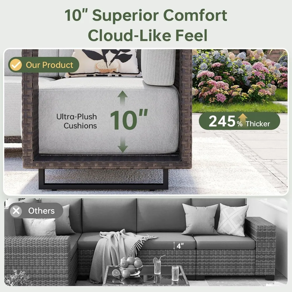 Patio Furniture Set, 6 Piece Outdoor Sofa, Brown/Light Gray, All-Weather Rattan with 10'' Ultra-Thick Cushions