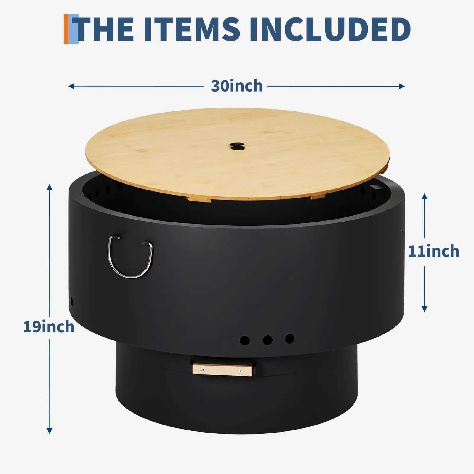 30 Inch Smokeless Fire Pit Table With Bamboo Lid, Removable Ash Pan And Carry Bag, Carbon Steel Outdoor Firepit For Patio Camping
