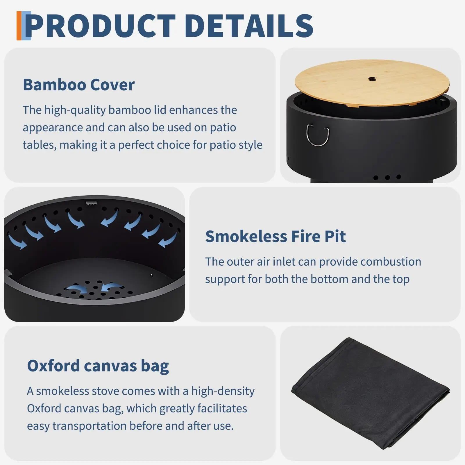 30 Inch Smokeless Fire Pit Table With Bamboo Lid, Removable Ash Pan And Carry Bag, Carbon Steel Outdoor Firepit For Patio Camping