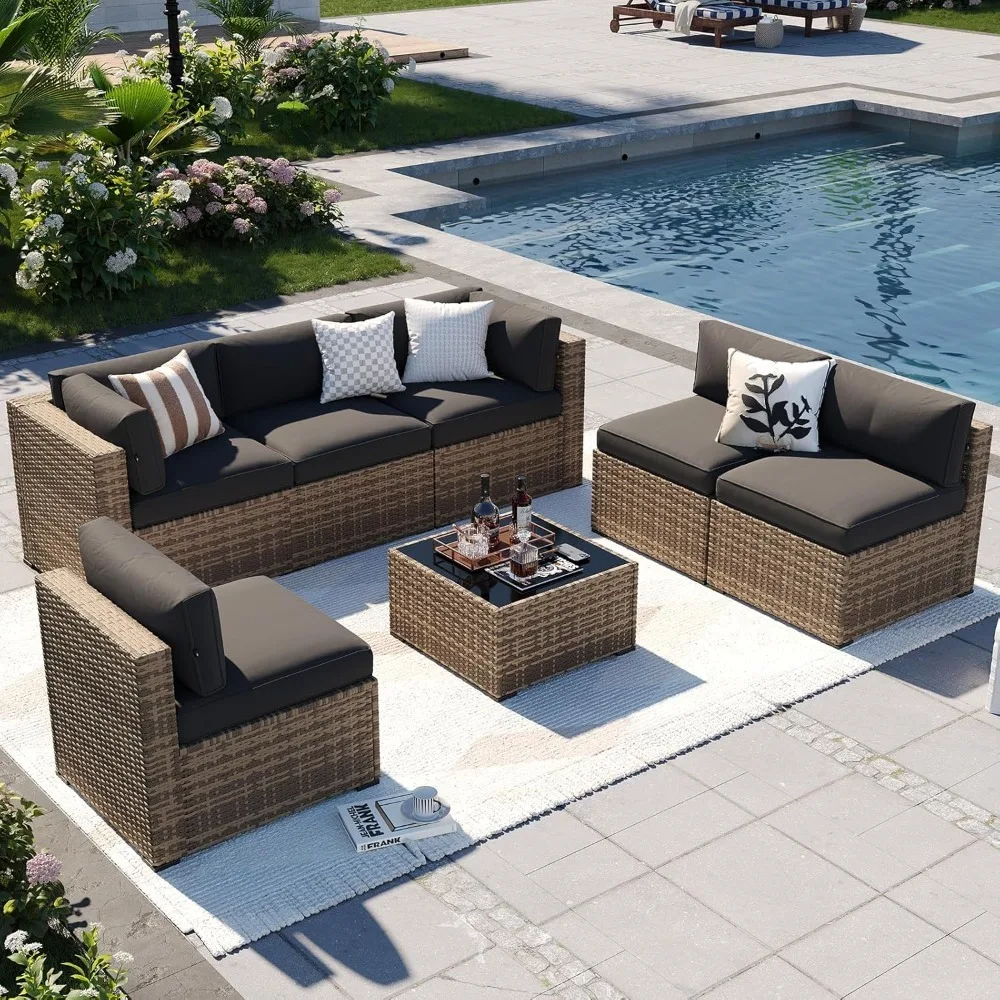 7-Piece Outdoor Patio Furniture Set with Thick Cushions Wicker Sectional Sofa for Garden Poolside Backyard