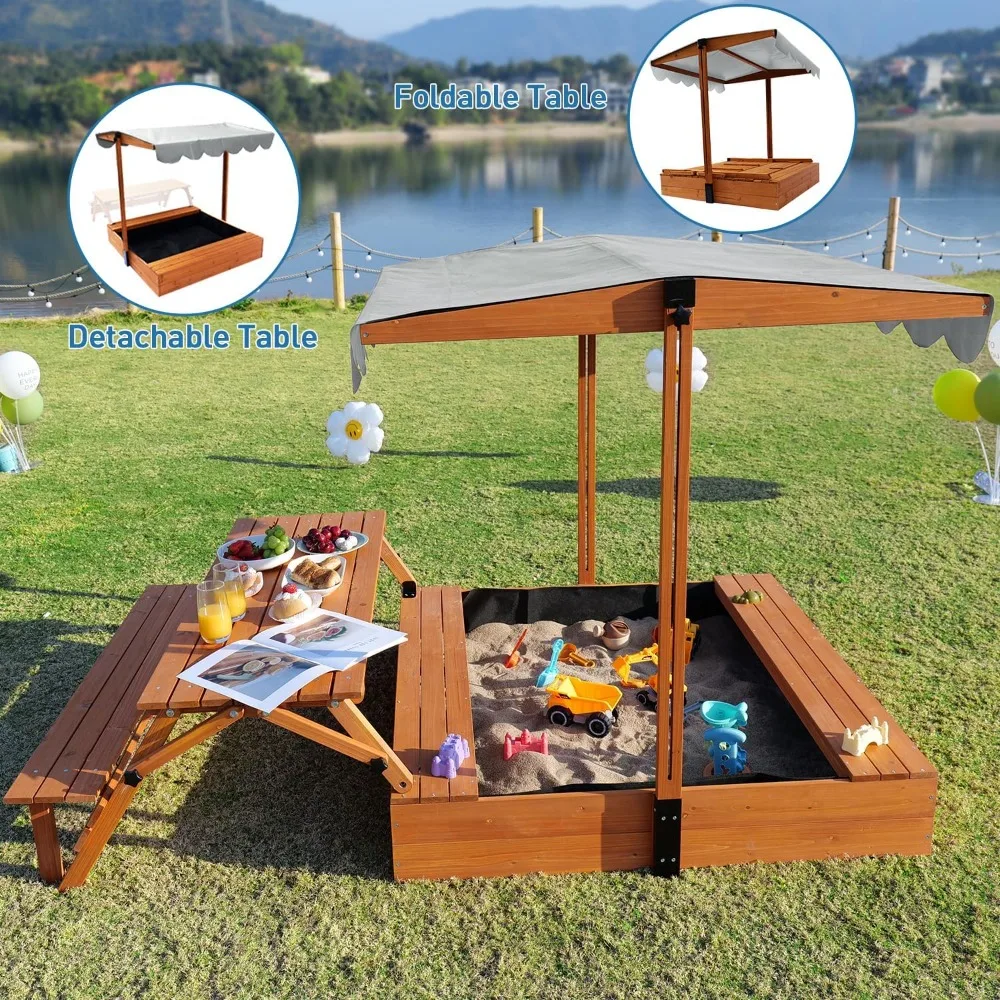 Best Selling Kids Sandbox with Lid and Canopy 2-in-1 Picnic Table Outdoor Sand Pit for Ages 4-8 Solid Wood Cover UV