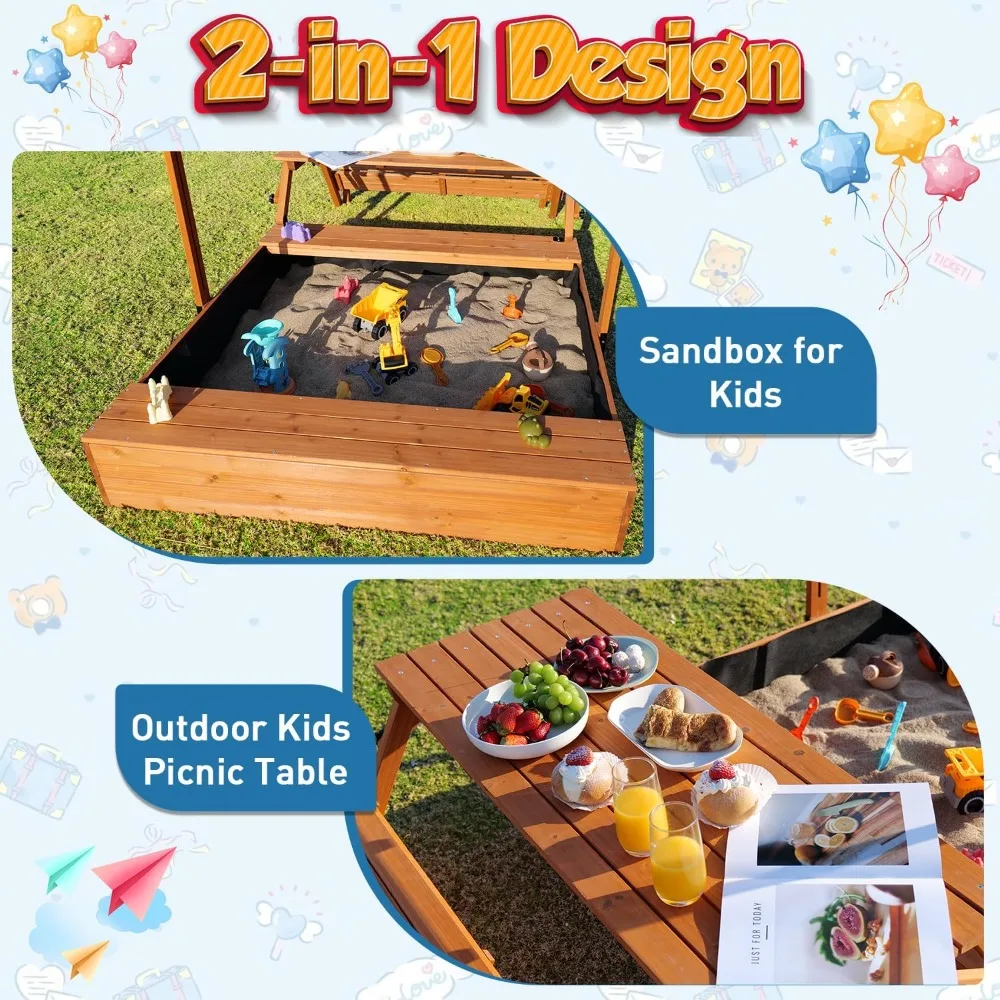 Best Selling Kids Sandbox with Lid and Canopy 2-in-1 Picnic Table Outdoor Sand Pit for Ages 4-8 Solid Wood Cover UV