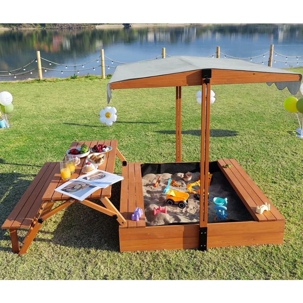 Best Selling Kids Sandbox with Lid and Canopy 2-in-1 Picnic Table Outdoor Sand Pit for Ages 4-8 Solid Wood Cover UV