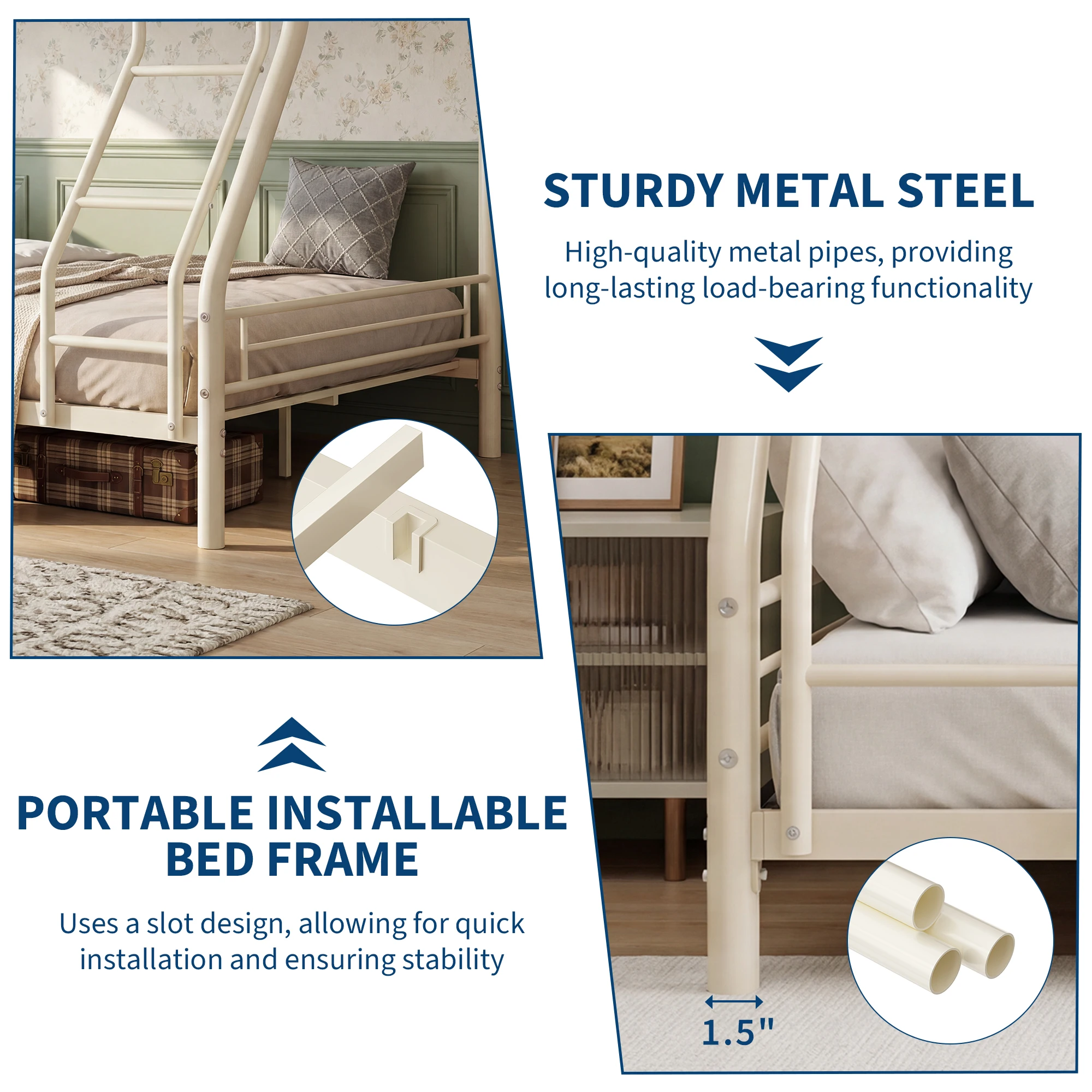 Heavy Duty Twin Over Full Metal Bunk Bed Frame - Sturdy Space-Saving Design for Kids, Teens & Adults - 450 lbs Upper, 500 lbs Lower Capacity - Slot-Type Assembly - Adjustable Reversible Ladder Heavy Duty Twin Over Full Metal Bunk Bed Frame - Sturdy Space-Saving Design for Kids, Teens & Adults - 450 lbs Upper, 500 lbs Lower Capacity - Slot-Type Assembly - Adjustable Reversible Ladder