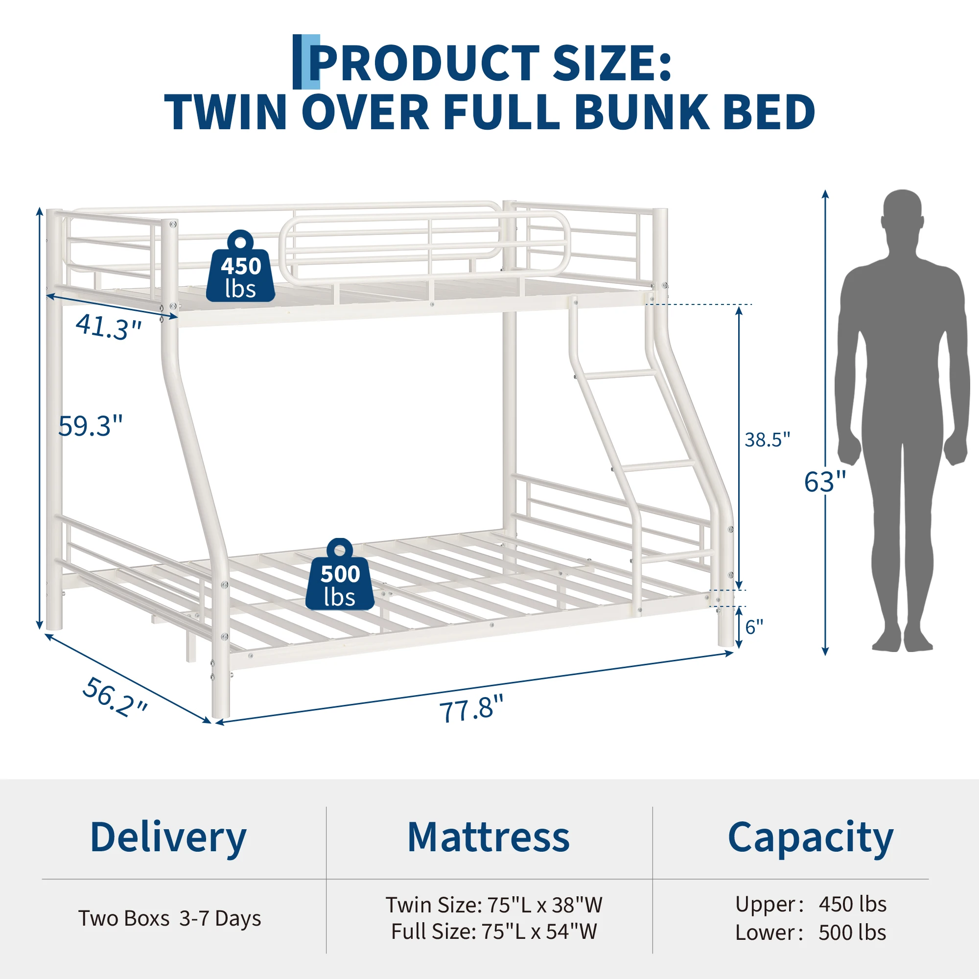 Heavy Duty Twin Over Full Metal Bunk Bed Frame - Sturdy Space-Saving Design for Kids, Teens & Adults - 450 lbs Upper, 500 lbs Lower Capacity - Slot-Type Assembly - Adjustable Reversible Ladder Heavy Duty Twin Over Full Metal Bunk Bed Frame - Sturdy Space-Saving Design for Kids, Teens & Adults - 450 lbs Upper, 500 lbs Lower Capacity - Slot-Type Assembly - Adjustable Reversible Ladder