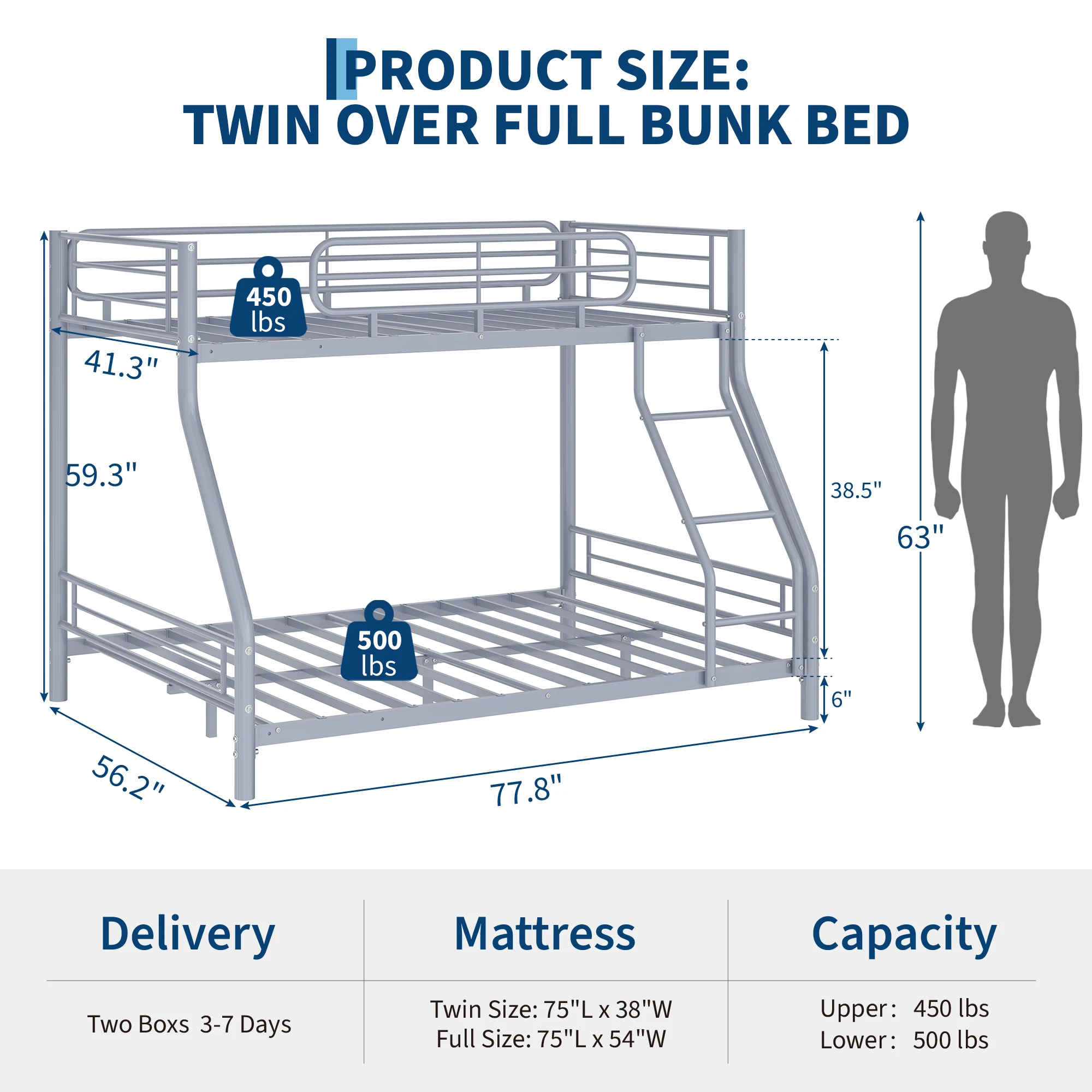 Heavy Duty Twin Over Full Metal Bunk Bed Frame - Sturdy Space-Saving Design for Kids, Teens & Adults - 450 lbs Upper, 500 lbs Lower Capacity - Slot-Type Assembly - Adjustable Reversible Ladder Heavy Duty Twin Over Full Metal Bunk Bed Frame - Sturdy Space-Saving Design for Kids, Teens & Adults - 450 lbs Upper, 500 lbs Lower Capacity - Slot-Type Assembly - Adjustable Reversible Ladder