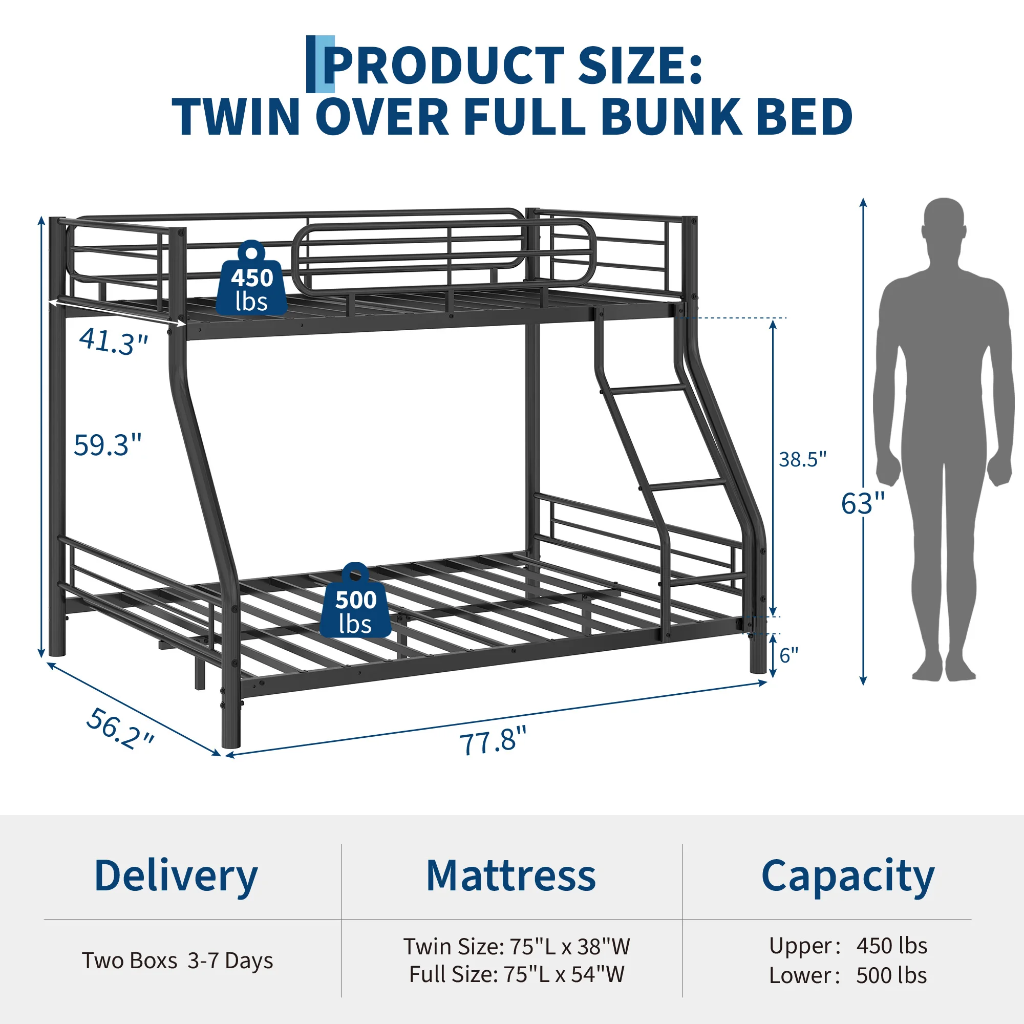Heavy Duty Twin Over Full Metal Bunk Bed Frame - Sturdy Space-Saving Design for Kids, Teens & Adults - 450 lbs Upper, 500 lbs Lower Capacity - Slot-Type Assembly - Adjustable Reversible Ladder Heavy Duty Twin Over Full Metal Bunk Bed Frame - Sturdy Space-Saving Design for Kids, Teens & Adults - 450 lbs Upper, 500 lbs Lower Capacity - Slot-Type Assembly - Adjustable Reversible Ladder
